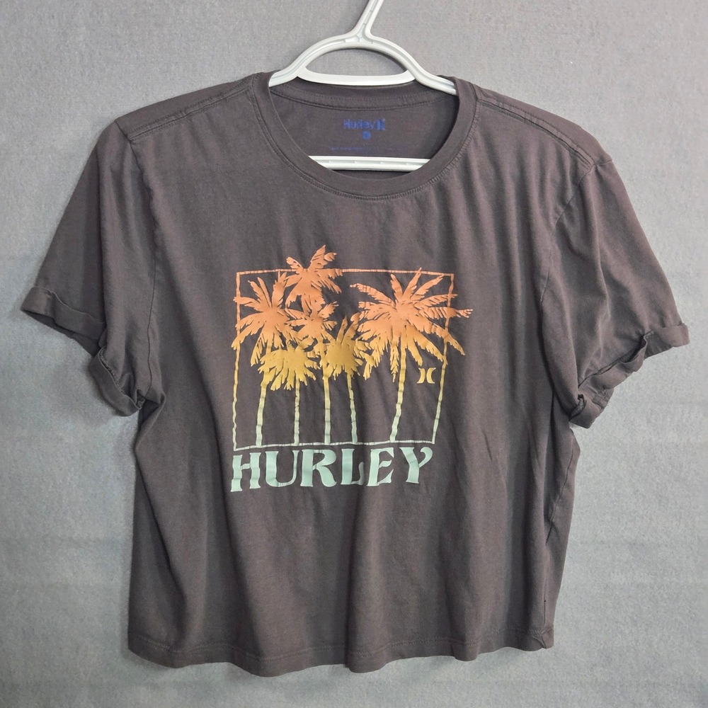 Hurley Womens Palm Tree Graphic T-Shirt Gray Short Sleeve Cotton Large